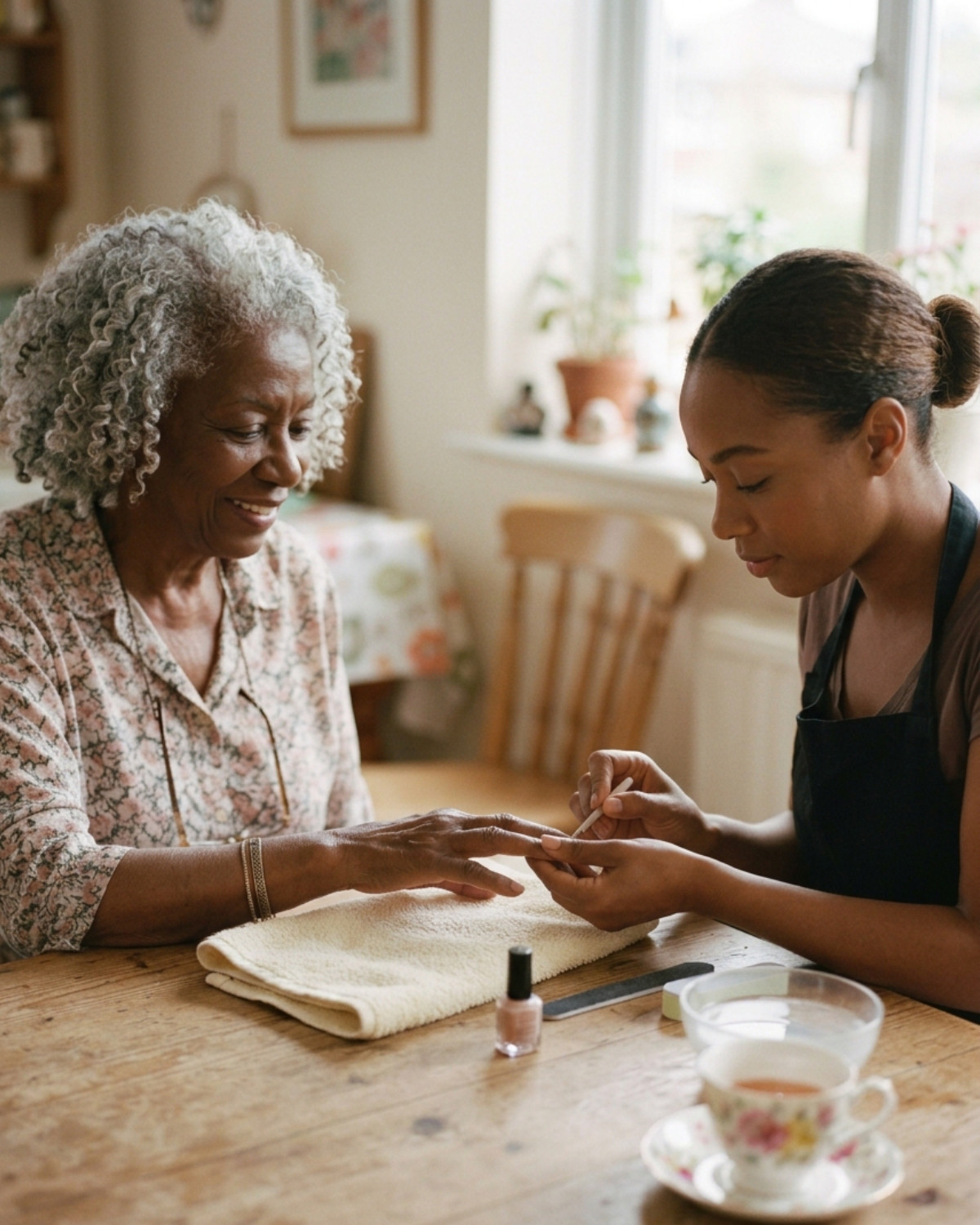 A nail technician doing an older woman's nails at her own kitchen table, a cup of tea beside them.
