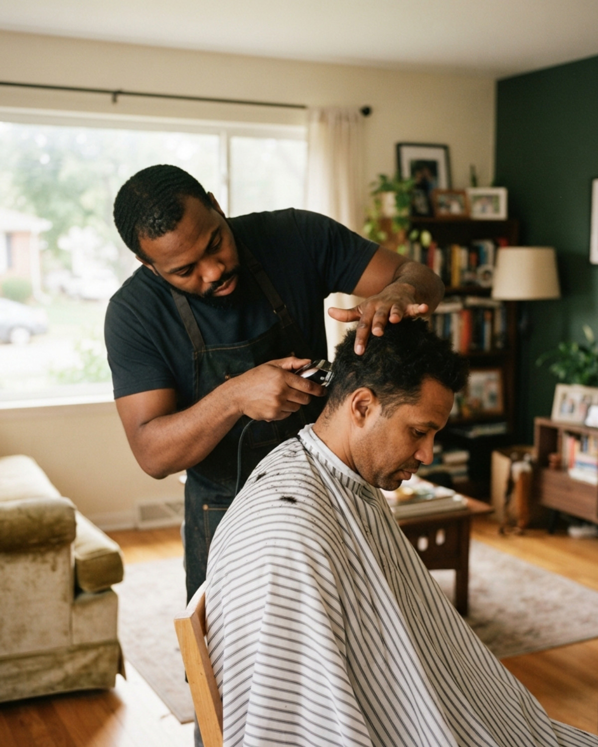 A barber cutting a man's hair with clippers in the man's own living room, a cape over his shoulders and afternoon light through the window.