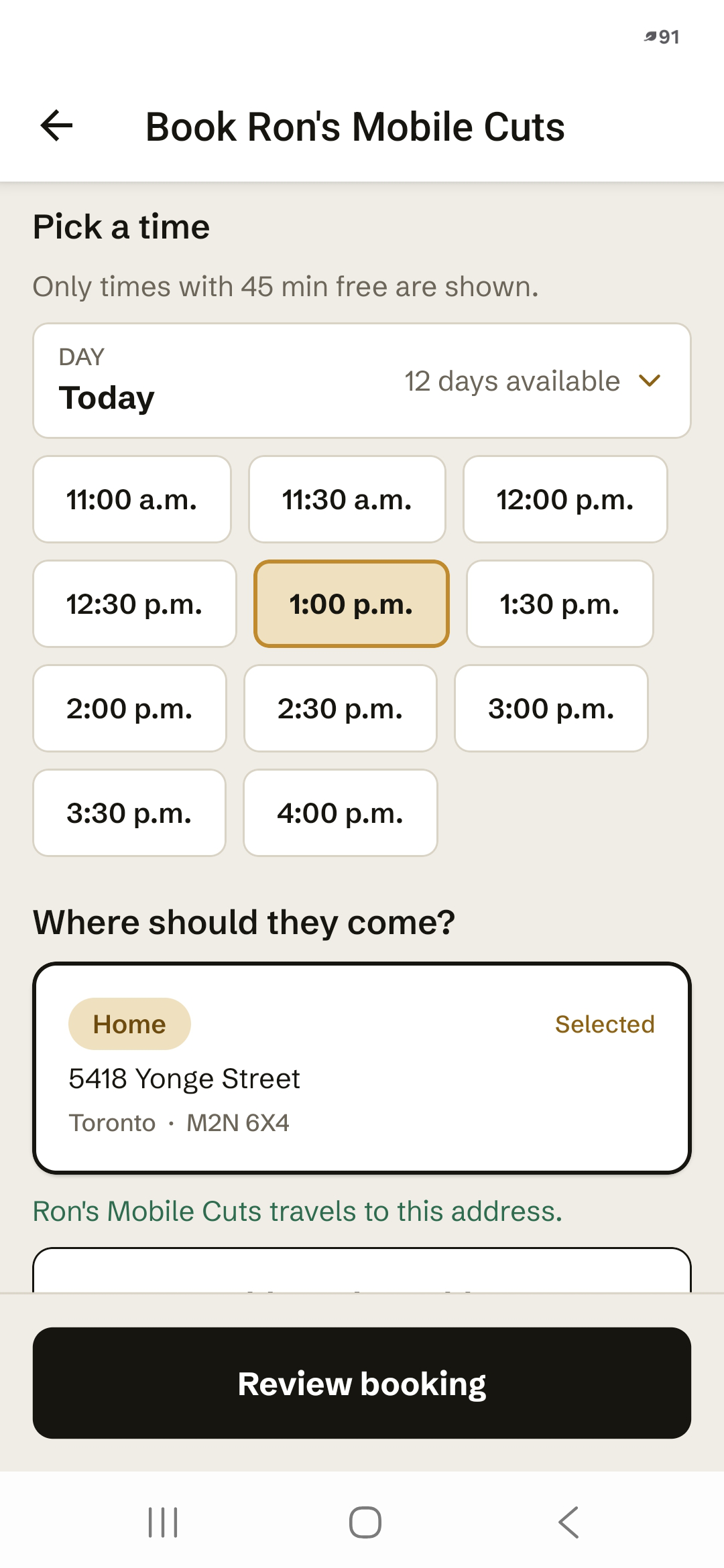 Booking a service in the Doorcut app, showing the available times a professional can genuinely make.