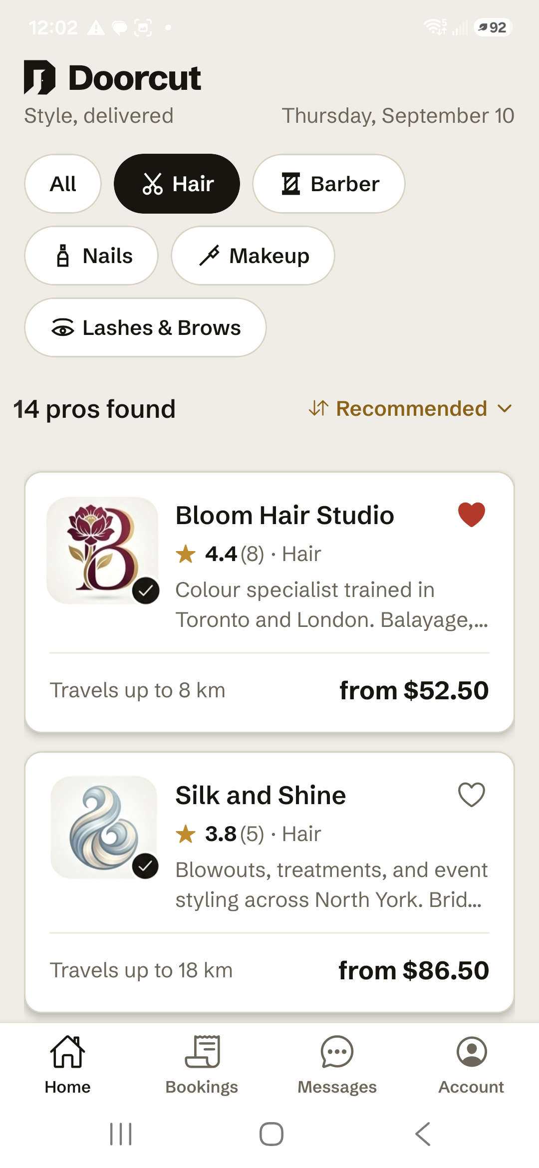 The Doorcut home screen, showing nearby professionals with their ratings and starting prices.