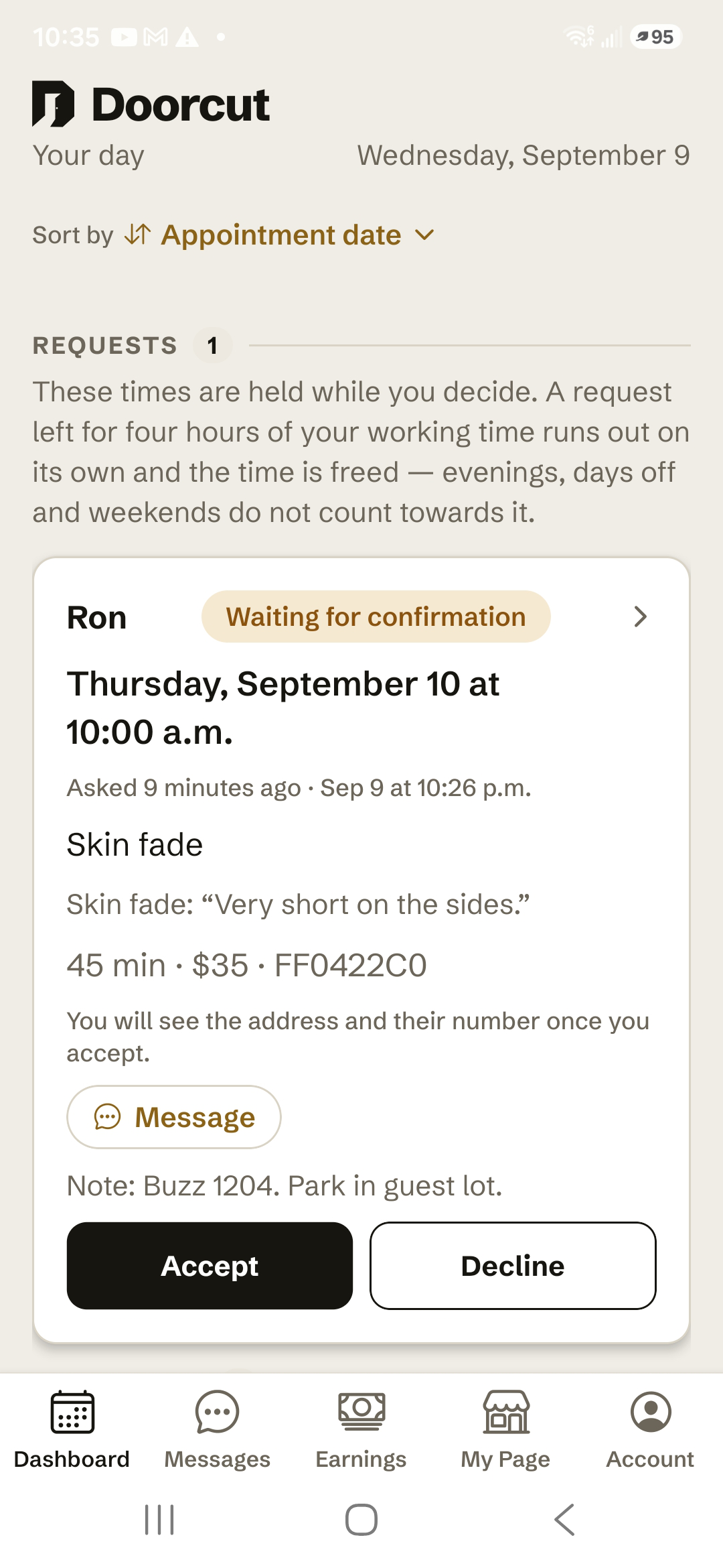 The Doorcut provider dashboard, showing today's appointments and a new booking request waiting to be accepted.