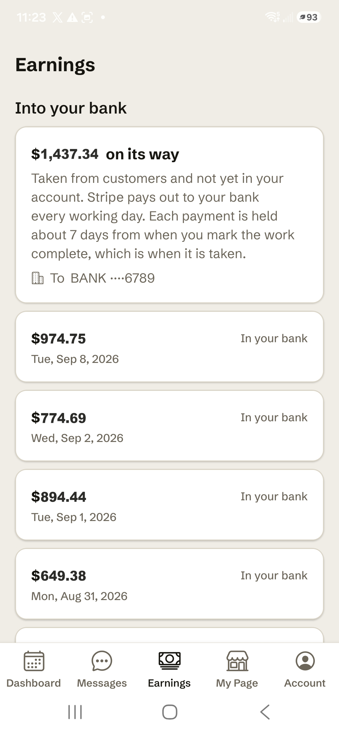 The Doorcut earnings screen, showing money paid and money on its way, broken down per booking.